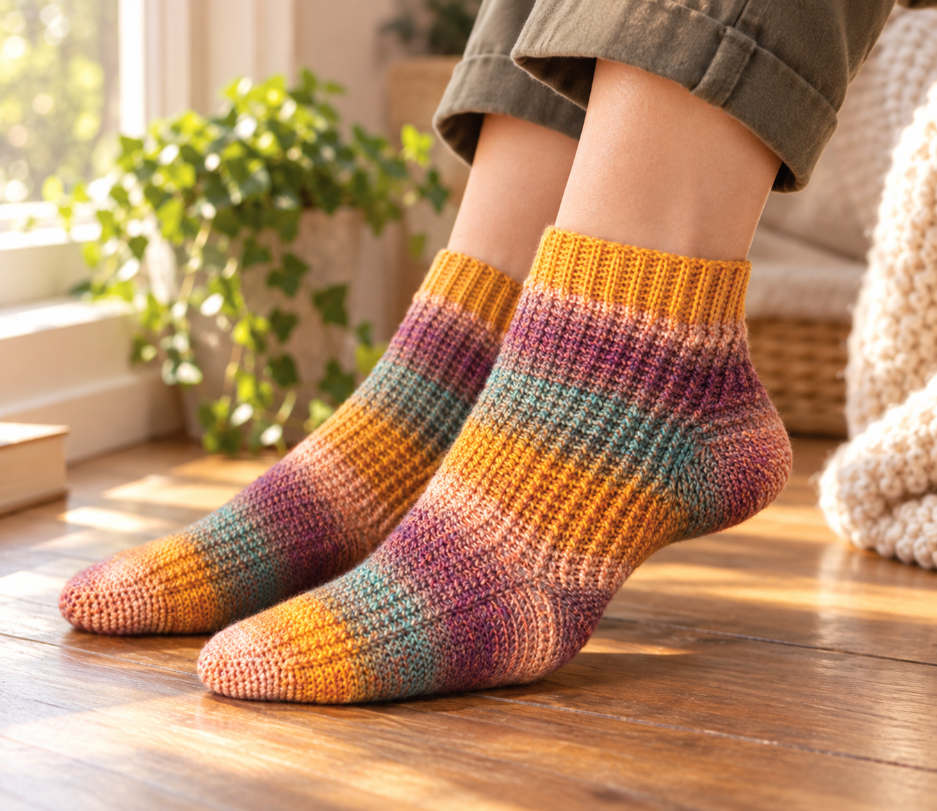 Colorful ribbed crochet socks worn on the feet