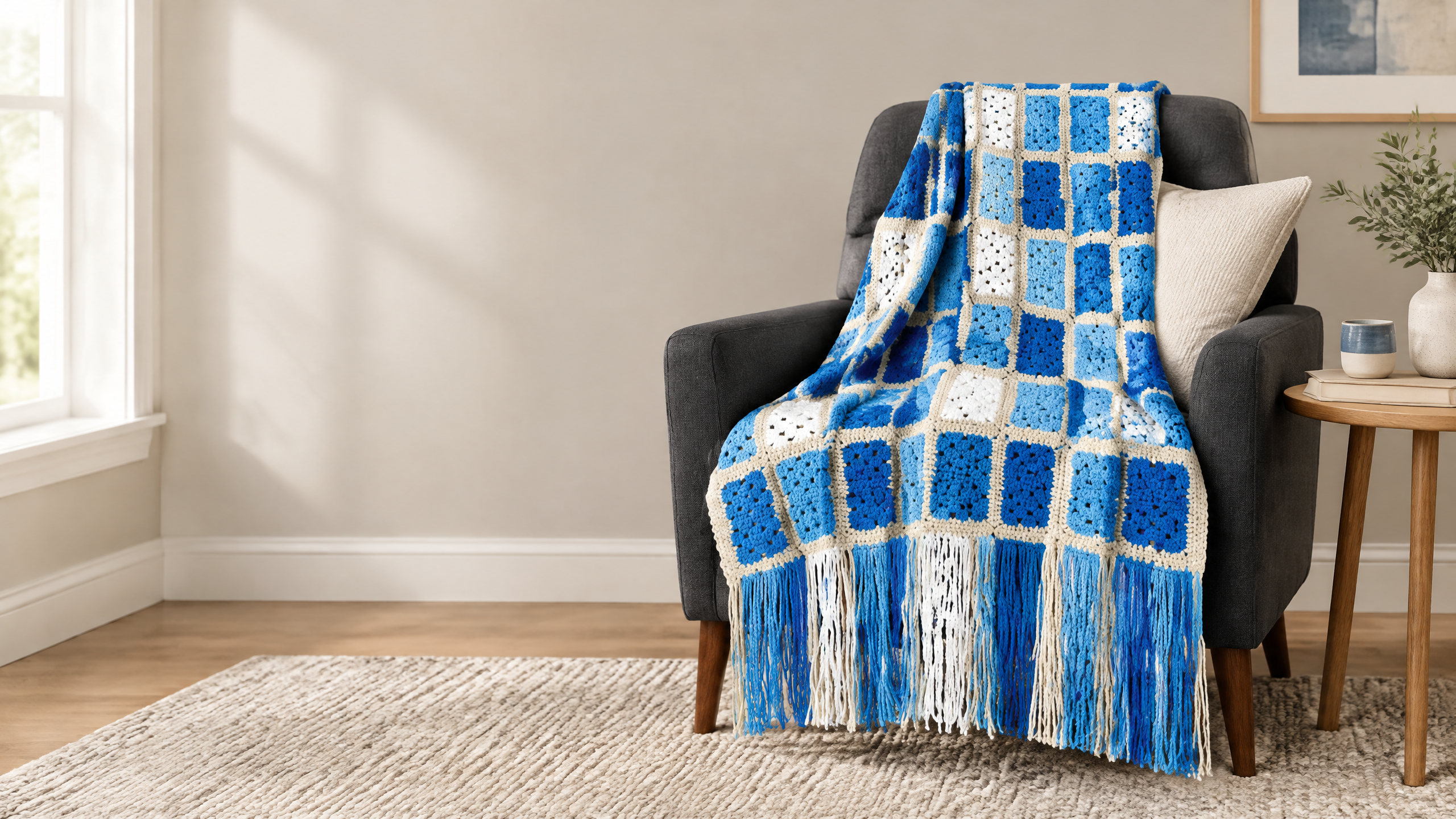 Professional denim plaid crochet blanket patterns project with fringe details